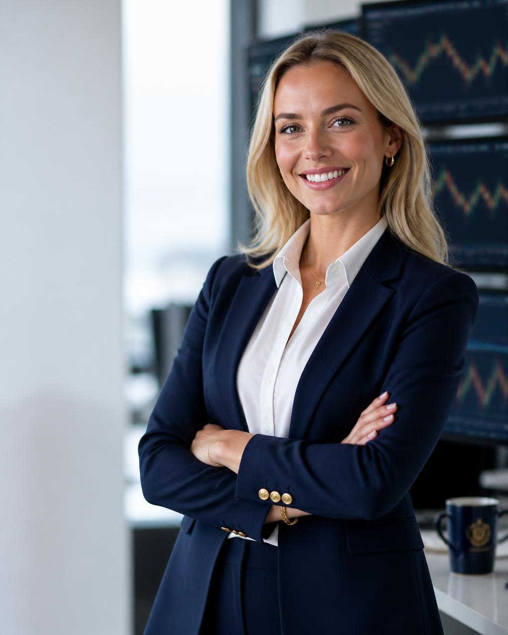 Friendly Trading Syndicate mentor in a navy blazer smiling in front of live market charts